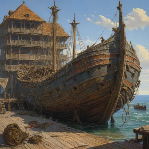 galleon ship,caravel,shipwreck,pirate ship,sea fantasy,mayflower,galleon,old ship,ship wreck,trireme,carrack,sea sailing ship,sail ship,wooden boat,boat landscape,docked,wooden boats,pirate treasure,viking ship,ship,Illustration,Realistic Fantasy,Realistic Fantasy 03