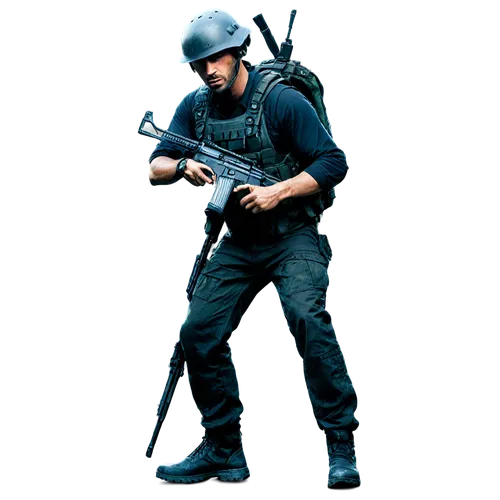 battle-scarred male, rugged facial features, messy short hair, intense gaze, black tactical vest, bulletproof helmet, AK47 rifle, camouflage pants, combat boots, muddy legs, dynamic pose, low-angle sh