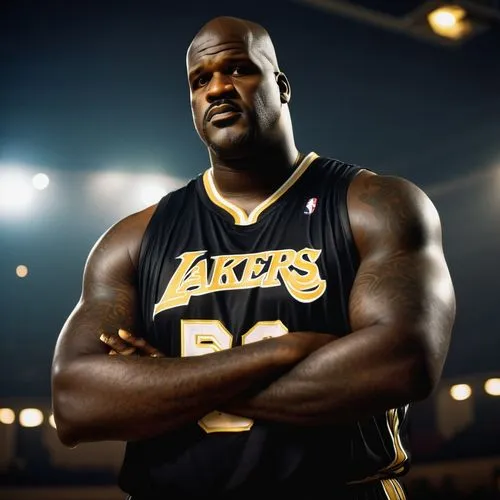 Shaquille O'Neal, NBA legend, standing, confident posture, muscular arms crossed, wearing a black jersey with gold numbering, white sneakers, basketball court, stadium lights, evening atmosphere, low-