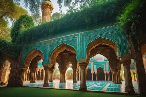 Ancient Indian-inspired Saracenic architecture, intricate stone carvings, grand arches, ornate domes, Islamic calligraphy, vibrant turquoise tiles, majestic pillars, symmetrical composition, warm gold