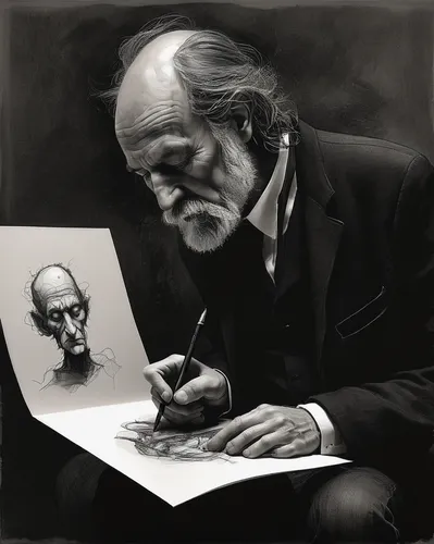 caricaturist,skull drawing,charcoal drawing,caricature,psychoanalysis,skull illustration,skull sculpture,artist portrait,pencil drawing,pencil drawings,self-portrait,carlin pinscher,charcoal pencil,pencil art,illustrator,elderly man,hand-drawn illustration,the thinker,theoretician physician,memento mori,Illustration,Abstract Fantasy,Abstract Fantasy 18