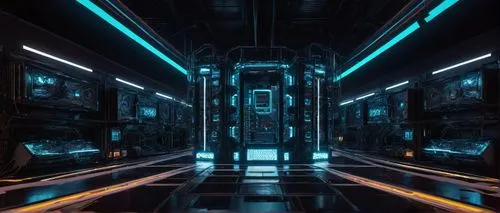 Zulu platform, x64 architecture, high memory, futuristic cyberpunk, metallic structure, neon lights, circuit boards, wires, motherboards, CPU towers, cooling fans, LED indicators, glass casing, reflec