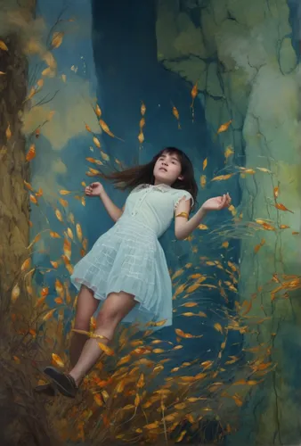 little girl in wind,falling on leaves,throwing leaves,underwater background,children's fairy tale,falling flowers,fairies aloft,mermaid background,child fairy,little girl fairy,fantasy picture,chasing butterflies,water nymph,children's background,submerged,girl lying on the grass,fantasia,little mermaid,studio ghibli,dream world,Photography,General,Cinematic