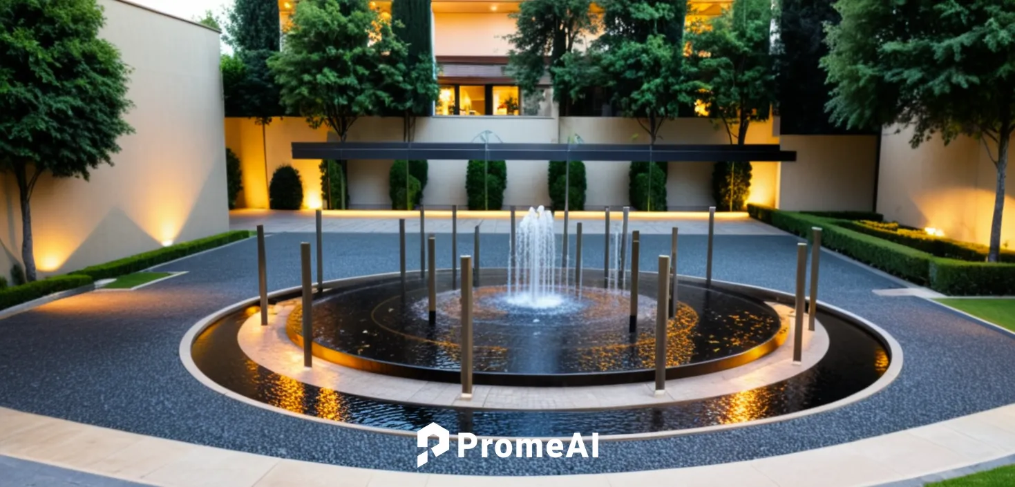 MODERN water fountain for a villa entrance , and in the back the parking with a pergola on the top of it, in the left the villa , and in the right green tree and flower , ,landscape designers sydney,l