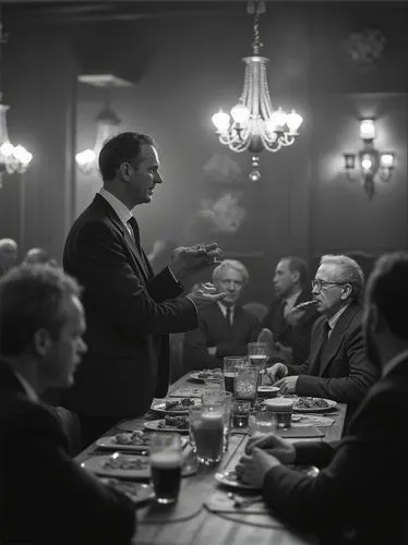 Realistic black and white photo: In a southern German restaurant hall, a conservative politician in a suit and tie, standing and not smoking, speaks to his listeners, who are gathered around several t