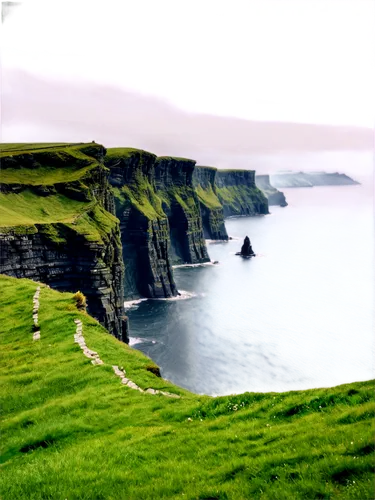 Ireland landscape, Emerald Isle, rolling green hills, rugged coastline, Cliffs of Moher, misty morning, soft sunlight, warm color tone, cinematic composition, shallow depth of field, panoramic view, d