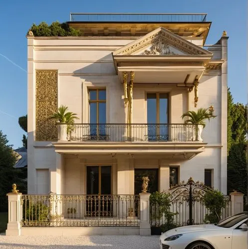 a car parked in front of a big white house,villa,bendemeer estates,palazzolo,palladianism,casalesi,gold stucco frame,Photography,General,Realistic