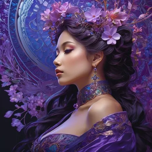 oriental princess,fantasy portrait,fantasy art,jasmine blossom,purple rose,lilac blossom,fantasy picture,fairy queen,violaceous,faery,mystical portrait of a girl,la violetta,fairie,jasmine,faerie,mulan,purple lilac,oriental girl,violette,fantasy woman,Photography,General,Fantasy