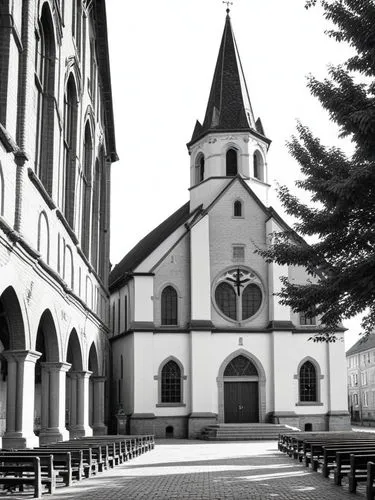 A group of German hymnals gather in the middle of a grand church building, their idles carved into the brick walls. The church is empty, and the sun casts long shadows across the empty floor. The scen