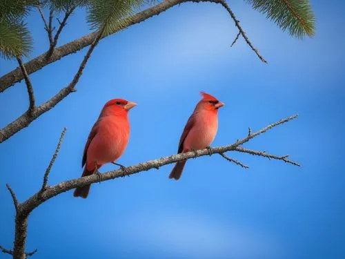 two red birds perched on a tree nch,northern cardinal,cardinals,red finch,crossbills,male northern cardinal,cardenales