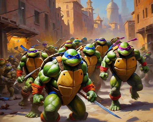 teenage mutant ninja turtles,turtles,trachemys,michelangelo,patrol,tortoise,tortoises,raphael,stacked turtles,patrols,terrapin,cg artwork,conga,heavy traffic,game illustration,concept art,leonardo,troop,animal train,wall,Conceptual Art,Oil color,Oil Color 22