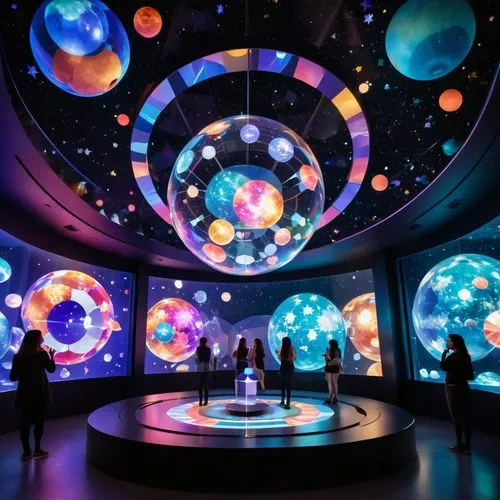 Depict a floating planetarium constructed of crystal and light, drifting among the stars. Inside, celestial bodies spin and dance, showcasing the history of the universe. Visitors can be seen observin