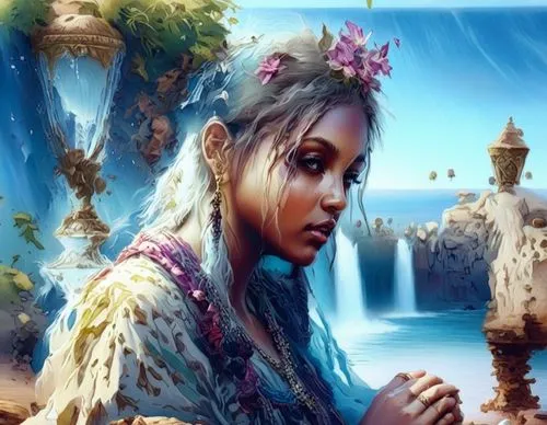 a person that is praying in a water fountain,fairie,fantasy portrait,woman at the well,water nymph,fantasy art,fantasy picture,Illustration,Realistic Fantasy,Realistic Fantasy 15