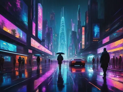 Futuristic cityscape, year 2030, skyscraper, neon lights, holographic advertisements, rainy night, reflective wet pavement, cyberpunk atmosphere, distant flying cars, towering trees with glowing leave