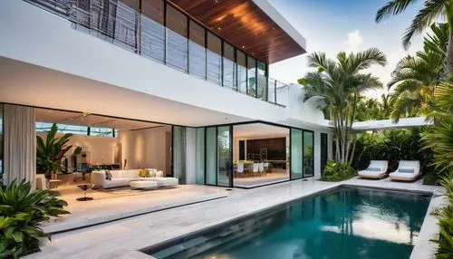 Modern domo architecture, luxury villa, Miami Beach, Florida, 420 Lincoln Rd, 33139, sleek lines, curves, white exterior walls, large windows, sliding glass doors, open floor plan, high ceilings, wood