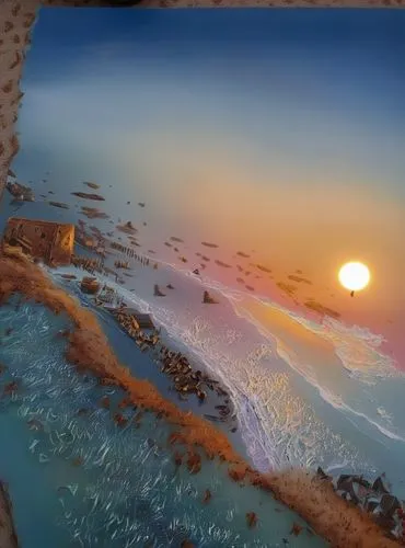 seascape,sea landscape,photo painting,coast sunset,beach landscape,sun and sea,coastal landscape,glass painting,an island far away landscape,sand art,oil chalk,art painting,plate full of sand,playmat,chalk drawing,painting technique,virtual landscape,underwater landscape,world digital painting,fantasy landscape,Illustration,Paper based,Paper Based 04