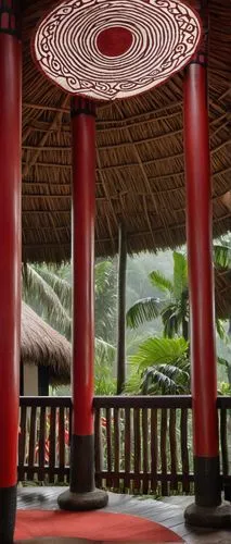 Traditional Maori meeting house, intricate carvings, woven flax fibers, rustic wooden pillars, sloping thatched roof, symbolic spiral patterns, vibrant red and black color scheme, tropical rainforest 