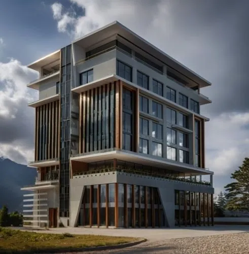 trees and road with car,an artist's impression of a modern building with large windows and balconies,snohetta,modern building,modern architecture,dunes house,kinabalu,revit