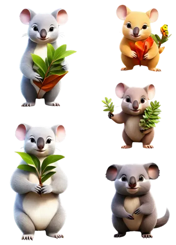 Australian animals, cute cartoon style, various poses, koala holding eucalyptus leaves, kangaroo with pouch, platypus swimming, wombat digging burrow, Tasmanian devil running, sugar glider flying, col