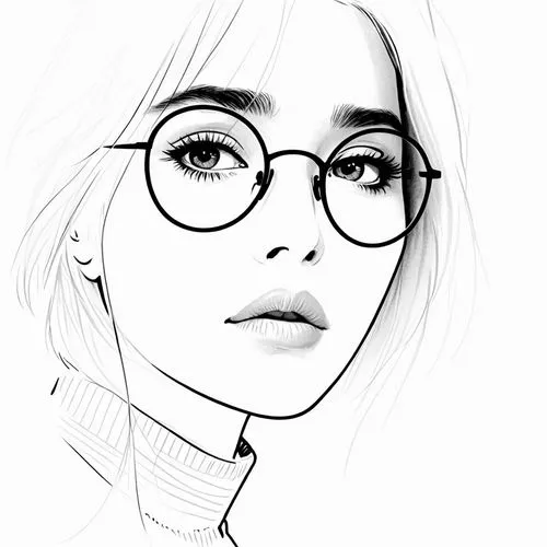 女生，，毛衣，线稿，线条艺术，简洁的线条，简约主义,a pencil drawing of a woman wearing glasses,eyes line art,mono line art,line art,lineart,glasses,eyeglasses,Design Sketch,Design Sketch,Rough Outline