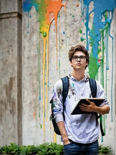 Young adult male, university student, accelerated architecture degree, glasses, messy brown hair, casual wear, backpack, laptop, books, campus, modern building, concrete structure, greenery, natural l