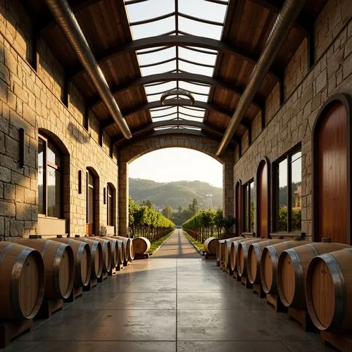 Undulating vineyard rows, rustic stone walls, wooden barrels, wine cellar doors, curved metal roofs, industrial chic design, natural ventilation systems, clerestory windows, exposed ductwork, reclaime