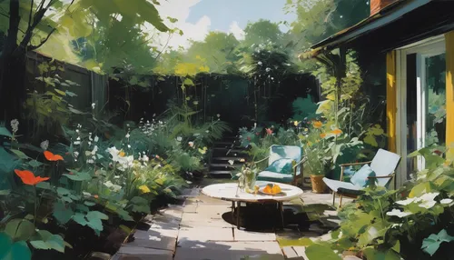 alfresco,giverny,backyard,garden bench,summer cottage,yellow garden,study,home landscape,green garden,birch alley,porch,studies,cottage garden,cottage,in the garden,terrace,summer evening,yard,garden shed,green living,Conceptual Art,Oil color,Oil Color 01