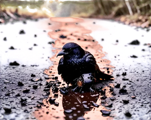 Crow feces, black droppings, shiny surface, irregular shape, rough texture, splattered on ground, dark brown color, strong contrast with surrounding environment, close-up shot, macro photography, shal