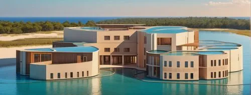 building elevation,daylight ,colors are beige and brown ,lagoon between building , with landscape,cube stilt houses,dunes house,mamaia,eco hotel,floating huts,artificial islands,aqua studio,luxury pro