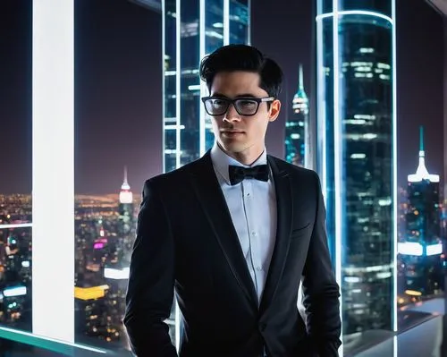 Modern drury architecture, futuristic design expo, solo male presenter, 30s, stylish glasses, short black hair, confident smile, white gloves, sleek black suit, silver tie clip, microphone in hand, st