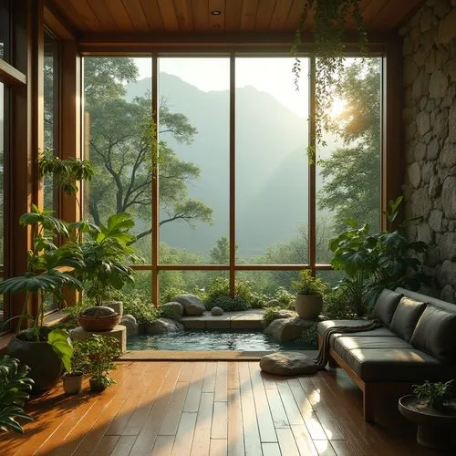 sunroom,indoor,conservatory,home landscape,green living,living room,livingroom,morning light,the cabin in the mountains,japanese-style room,beautiful home,tropical house,wood window,indoors,verdant,sitting room,big window,cabin,window sill,ryokan,Photography,General,Realistic