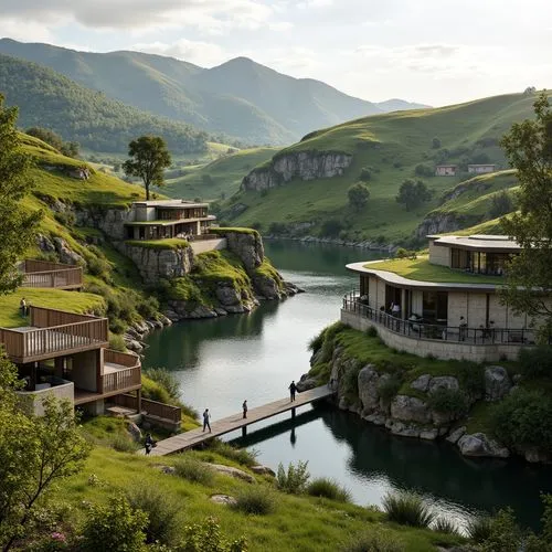 Sweeping hills, lush meadows, serene lakeside, rustic wooden bridges, natural stone walls, curved pathways, verdant rooftops, greenery-integrated buildings, modern minimalist architecture, large glass