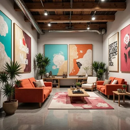 modern decor,interior decor,contemporary decor,art gallery,loft,mid century modern,interior design,midcentury,lobby,apartment lounge,gallery,paintings,living room,furnishings,wall art,livingroom,mid century,aqua studio,lofts,children's interior