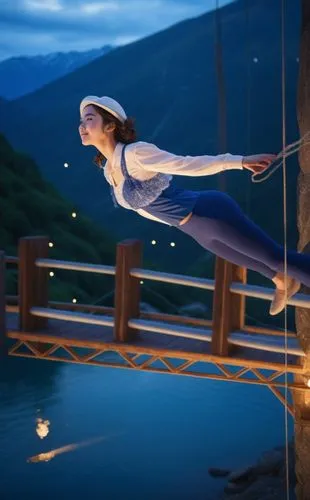 The camera captures a stunning masterpiece of a caucasian girl crafted from delicate fabrics and feathers. She wears a blue top hat and a white leggings as she jumps of a powerful bridge. She stretche