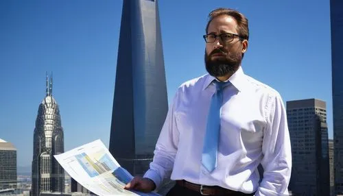 Middle-aged man, architect, standing, serious expression, glasses, short brown hair, beard, white shirt, black tie, formal pants, leather shoes, holding blueprints, standing in front of a modern skysc