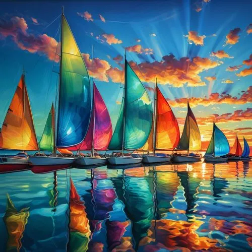 colorful glass sky with colorful glass sailboats lined up next to each other with colorful reflections on a colorful glass sea.,the image is a picture of different sailboats on the water,sailing boats