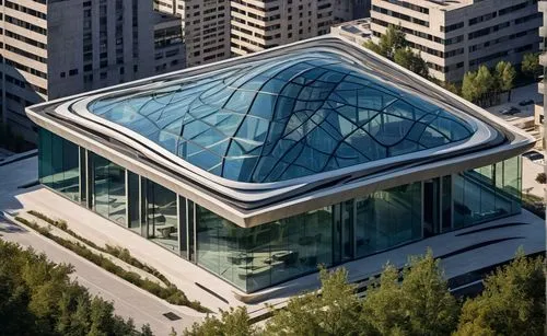 there is an aerial view of a large building with a curved roof,glass building,glass roof,glass facade,etfe,safdie,structural glass,Photography,General,Natural