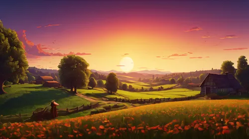 landscape background,meadow landscape,springtime background,salt meadow landscape,home landscape,fantasy landscape,cartoon video game background,spring background,rural landscape,blooming field,dusk background,beautiful landscape,sunburst background,world digital painting,mushroom landscape,summer meadow,high landscape,landscape,panoramic landscape,background vector,Illustration,Realistic Fantasy,Realistic Fantasy 45