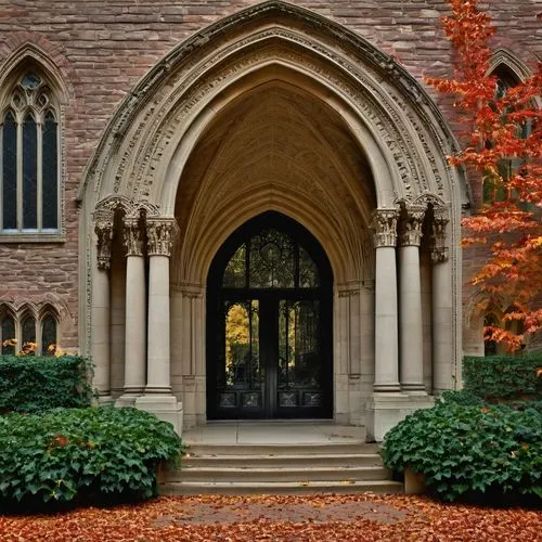 Kent State University, modern Gothic architecture, grand entrance hall, high ceilings, large windows, intricate stone carvings, red brick walls, ivy-covered exterior, sprawling campus grounds, autumn 