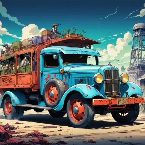 omnibuses,rust truck,jalopy,steamboy,retro vehicle,cartoon car,lumbago,overland,ghibli,vintage vehicle,vwbus,hanomag,omnibus,volkswagenbus,old vehicle,day of the dead truck,wagonmaster,school bus,rusty cars,scummvm,Illustration,Japanese style,Japanese Style 03