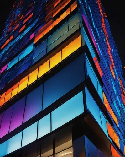 colorful facade,glass facades,glass facade,colorful glass,colorful light,colored lights,glass building,flavin,colorful city,saturated colors,edificio,technicolour,apartment block,multistory,color wall,multi storey car park,facade panels,high rise building,office buildings,high-rise building,Illustration,Retro,Retro 02