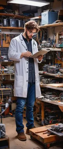 Navi Maker, futuristic inventor, white lab coat, goggles on forehead, messy brown hair, tool belt around waist, jeans, sneakers, holding a blueprints, standing in a cluttered workshop, shelves filled 