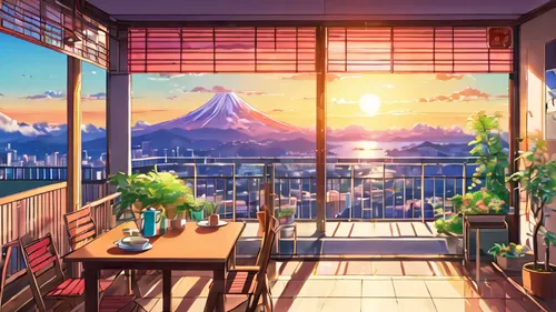 teahouse,japanese-style room,sky apartment,japanese restaurant,japanese background,background design,watercolor cafe,dusk background,ambience,scenery,coffeeshop,izakaya,summer evening,sceneries,japan's three great night views,roof landscape,watercolor tea shop,study room,backgrounds,evening atmosphere,Illustration,Japanese style,Japanese Style 03