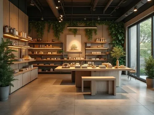 Modern streamline store interior, incorporating mud material, earthy tones, natural textures, wooden accents, minimalist shelves, sleek glass displays, abstract art pieces, industrial metal lighting f