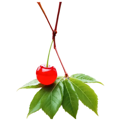 Cherry, ripe, red skin, glossy texture, green stem, leaves attached, solo, still life, morning dew, soft sunlight, 3/4 composition, shallow depth of field, warm color tone, cinematic lighting.,rose hi