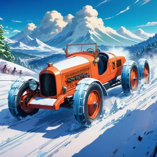 A racing vehicle rally from the 1930s for tracks with uneven terrain and snow 
,snowplow,snow plow,snowplowing,snowplows,snow removal,snowblowers,snowblower,tractor,snow slope,winter tires,snow scene,