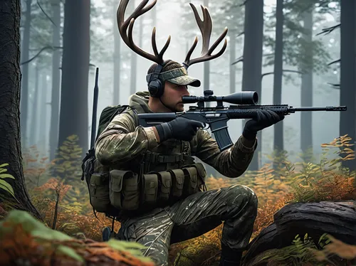 hunting simulator, realistic deer, camouflage outfit, hunter with rifle, aiming posture, dense forest environment, early morning mist, soft ambient light, 3/4 view, detailed foliage, rugged terrain, h