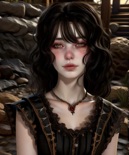 fantasy portrait,lara,croft,worried girl,primrose,dark elf,violet head elf,black eyes,artemisia,gara,poker primrose,fable,bleeding eyes,doll's facial features,elven,piper,kadala,natural cosmetic,witcher,girl portrait