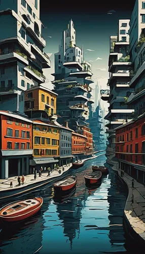 Design a surreal city with floating islands and gravity-defying architecture using a 2-point perspective.,metropolis,venezia,costa concordia,futuristic landscape,venetian,harbour city,cityscape,dubai 