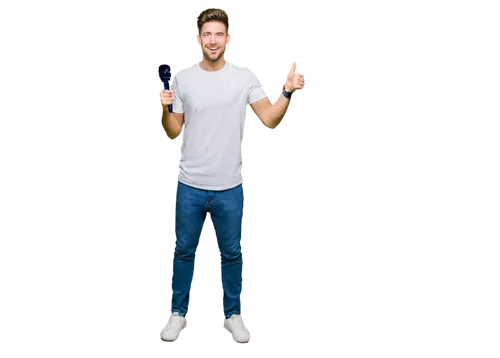 YouTuber, vlogger, young adult, male, casual wear, white shirt, blue jeans, sneakers, holding microphone, enthusiastic facial expression, energetic pose, thumbs up, friendly smile, natural light, shal